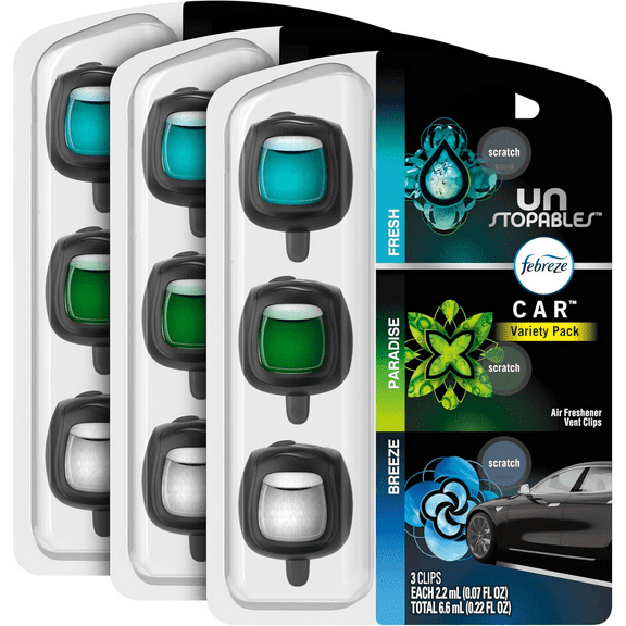 Febreze Car Air Freshener Odor-Fighting Car Vent Clip, Unstopables Variety Pack, 3-Count Pack of 3