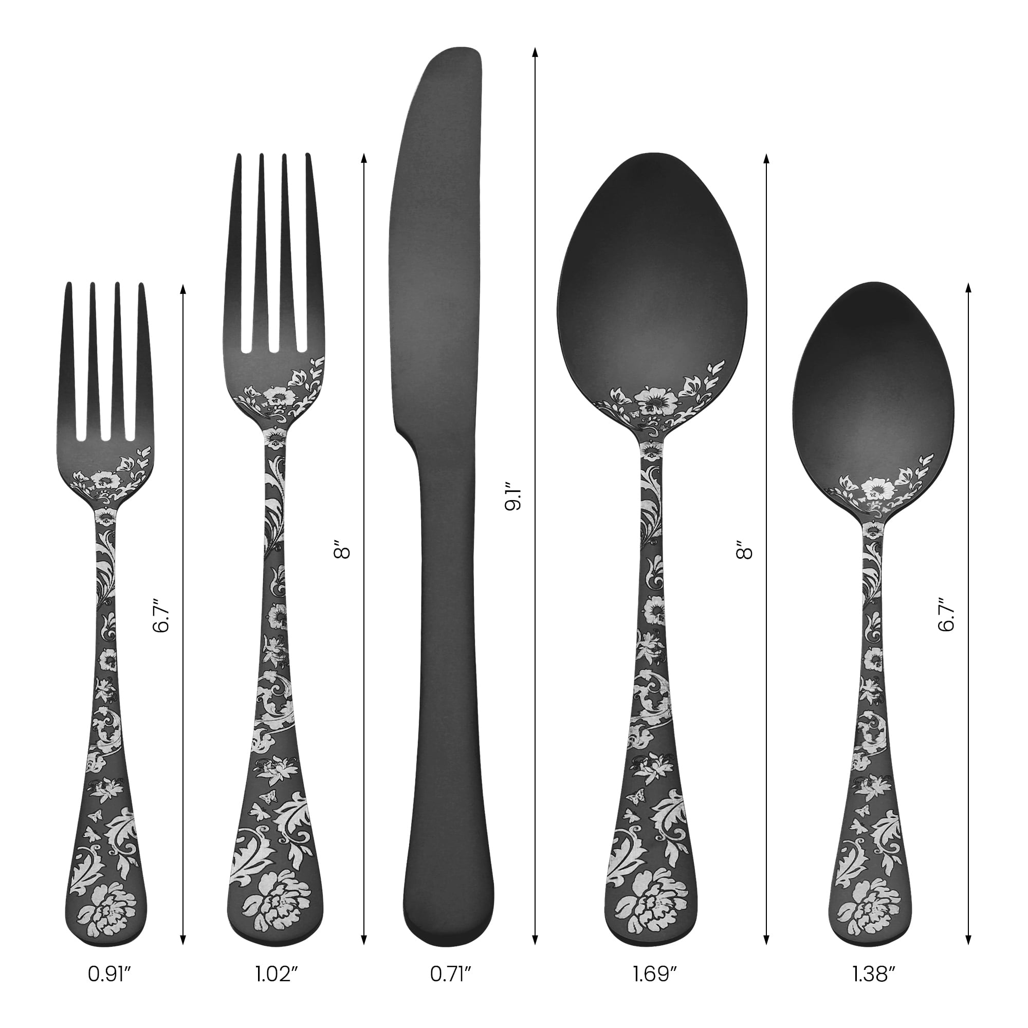 Unique Bargains 20 Pieces Floral Stainless Steel Flatware Set for 4 Black