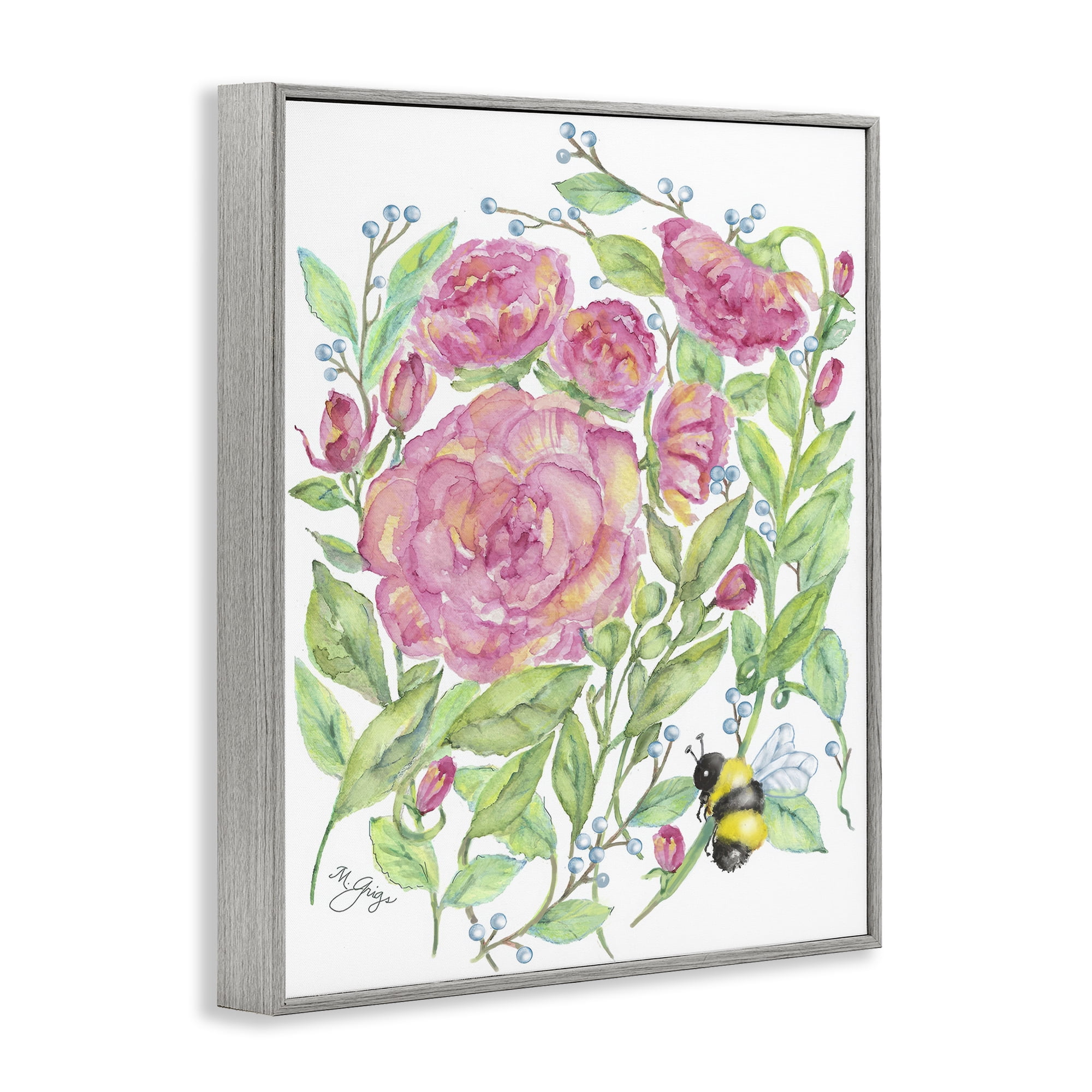 Stupell Industries Peony & Bumble Bee Gray Framed Giclee Art, design by Maureen Grigs