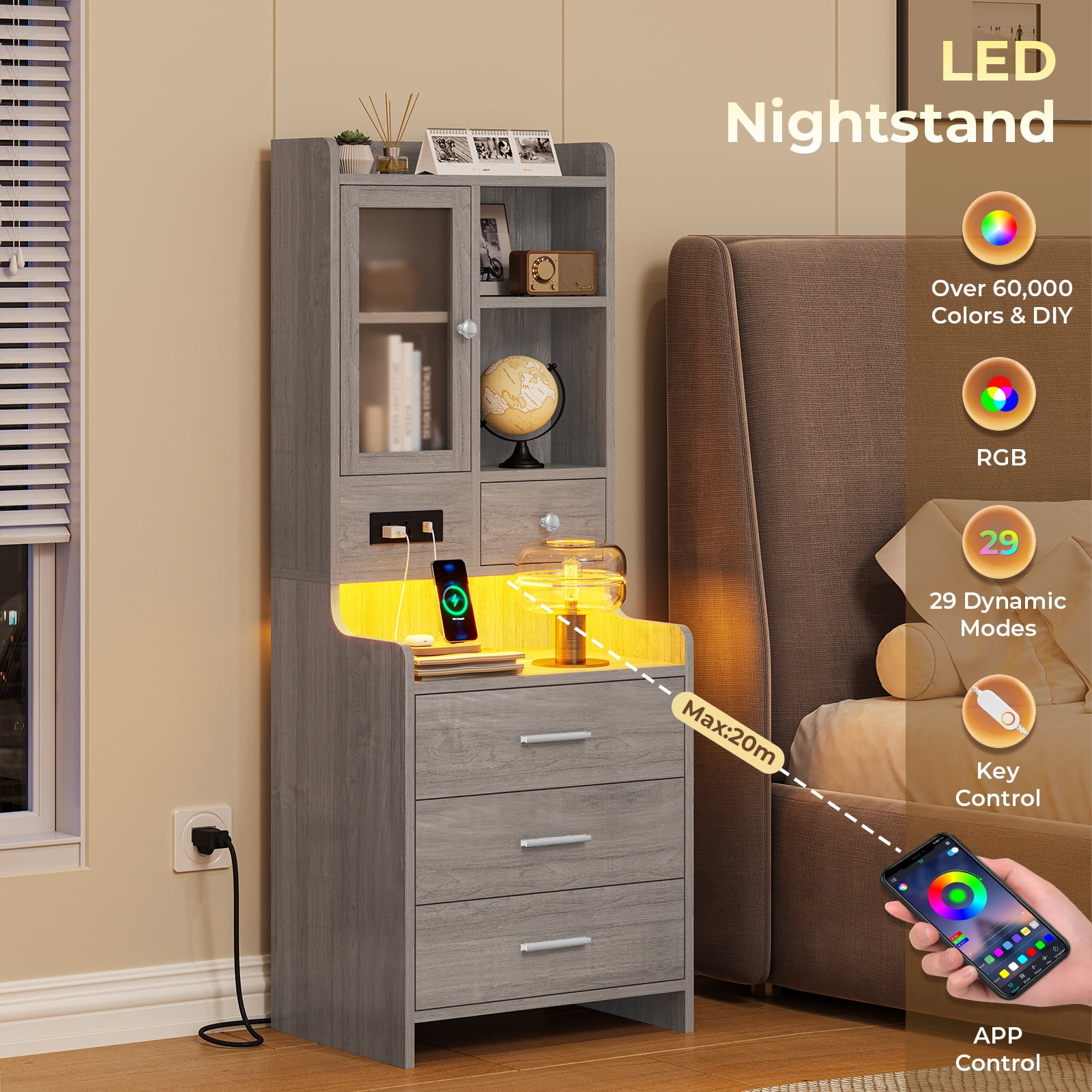 Afuhokles Tall Nightstand Set of 2 with Charging Station for Bedroom, Bedside Table with 4 Drawers, LED Night Stand with Bookshelf, Gray