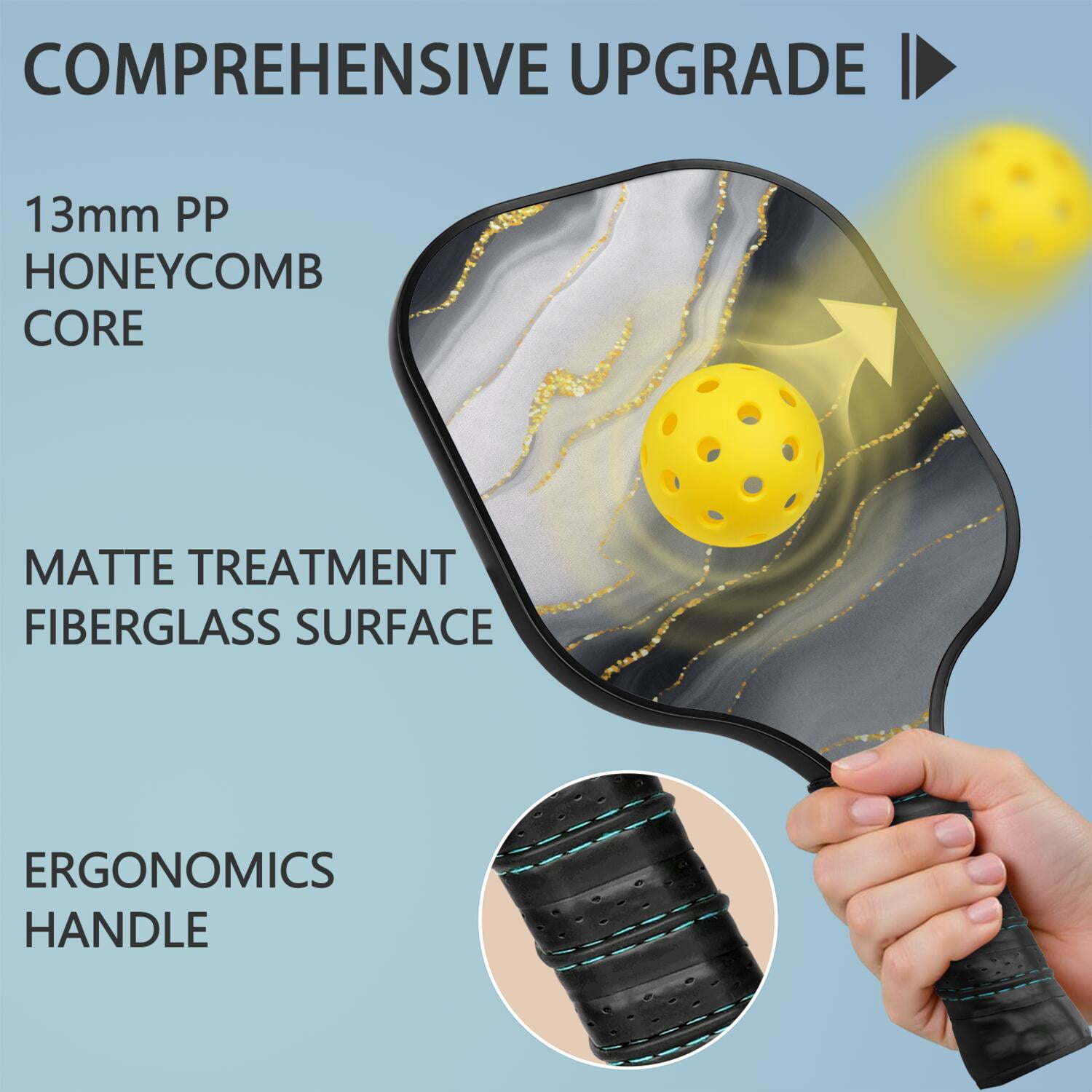 Pickleball Paddles Set Of 2, Fiberglass Surface, Turquoise Marble Pattern, 4 Balls & Bag
