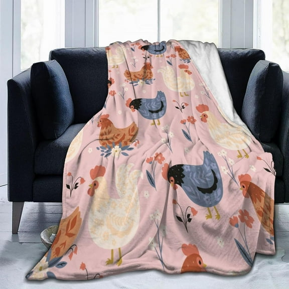 Pink Floral Chicken Blanket, Soft Warm Bed Bedding Throw Blankets for Couch Bedroom Sofa Office, All Season Cozy Flannel Plush Blanket Gifts for Adults, 60"X50"