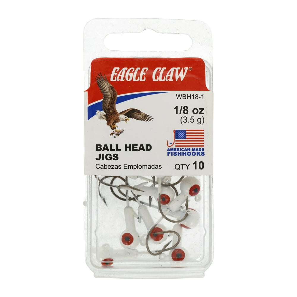Eagle Claw Ball Head Jig, White with Red Eye, 1/8 oz., 10 Count