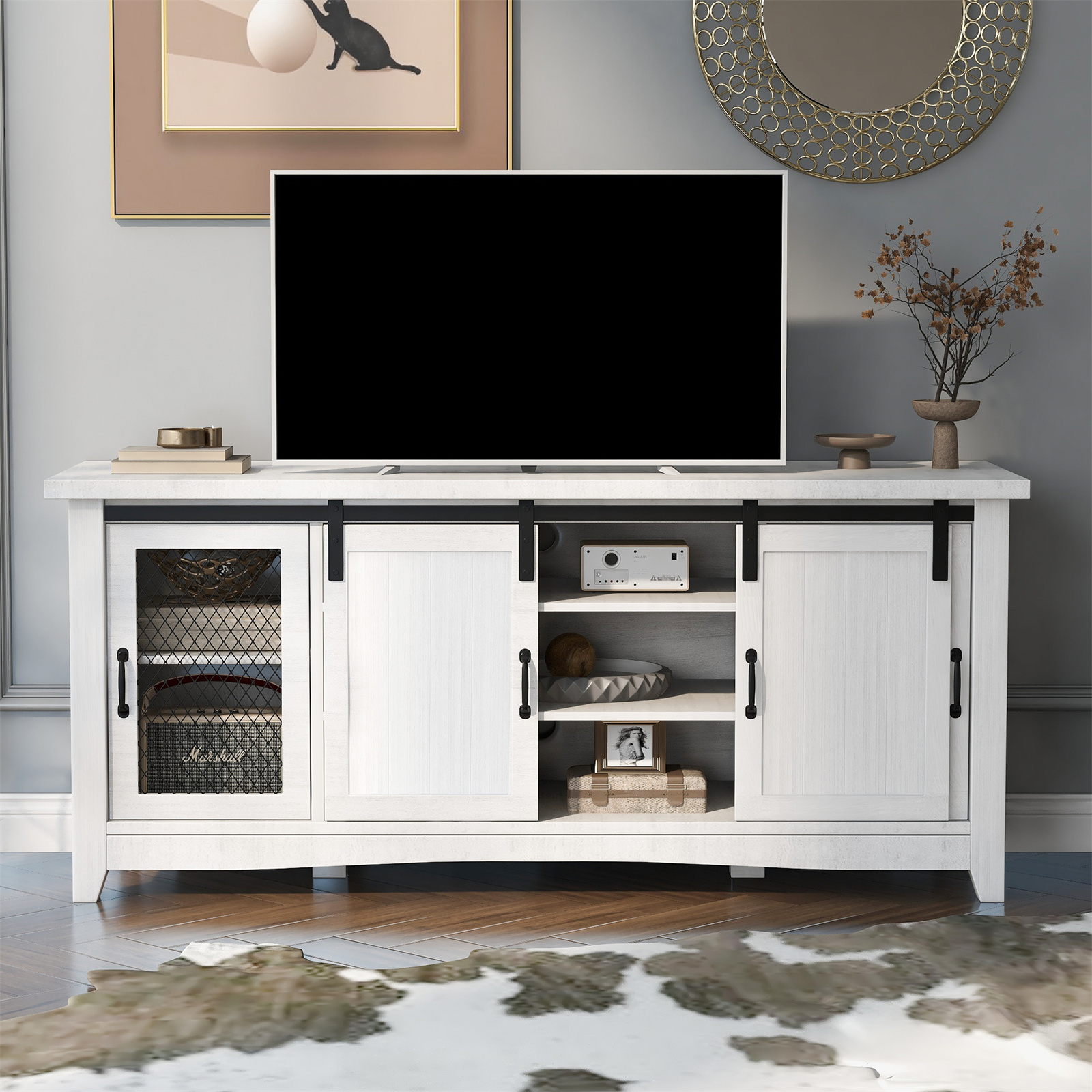 TV Console Table for TV up to 65in, Wood Storage with 2 Barn