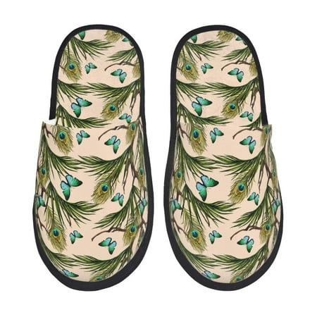 Balery Butterflies And Peacock Feathers Slient Indoor Furry Fleece Comfort House Shoes Soft Non-Slip Home Shoes Cotton slippers House Slippers-- Medium