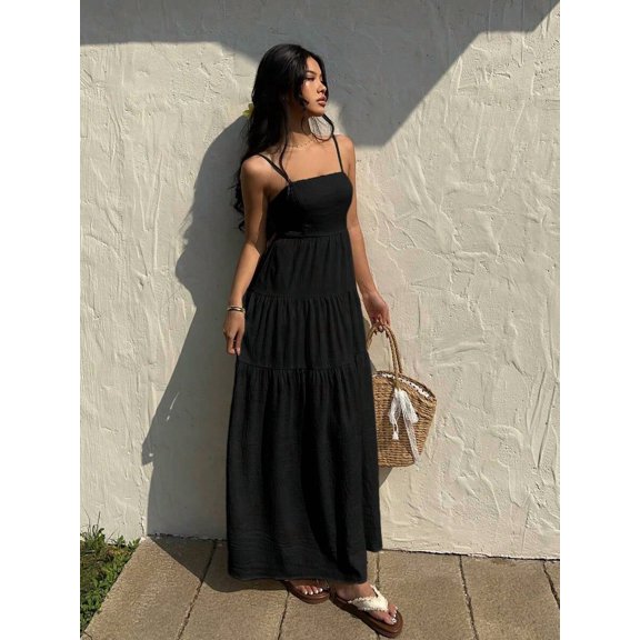 Black Textured Tiered Camisole Maxi Dress, Sleeveless, Loose Fit, Vacation Style