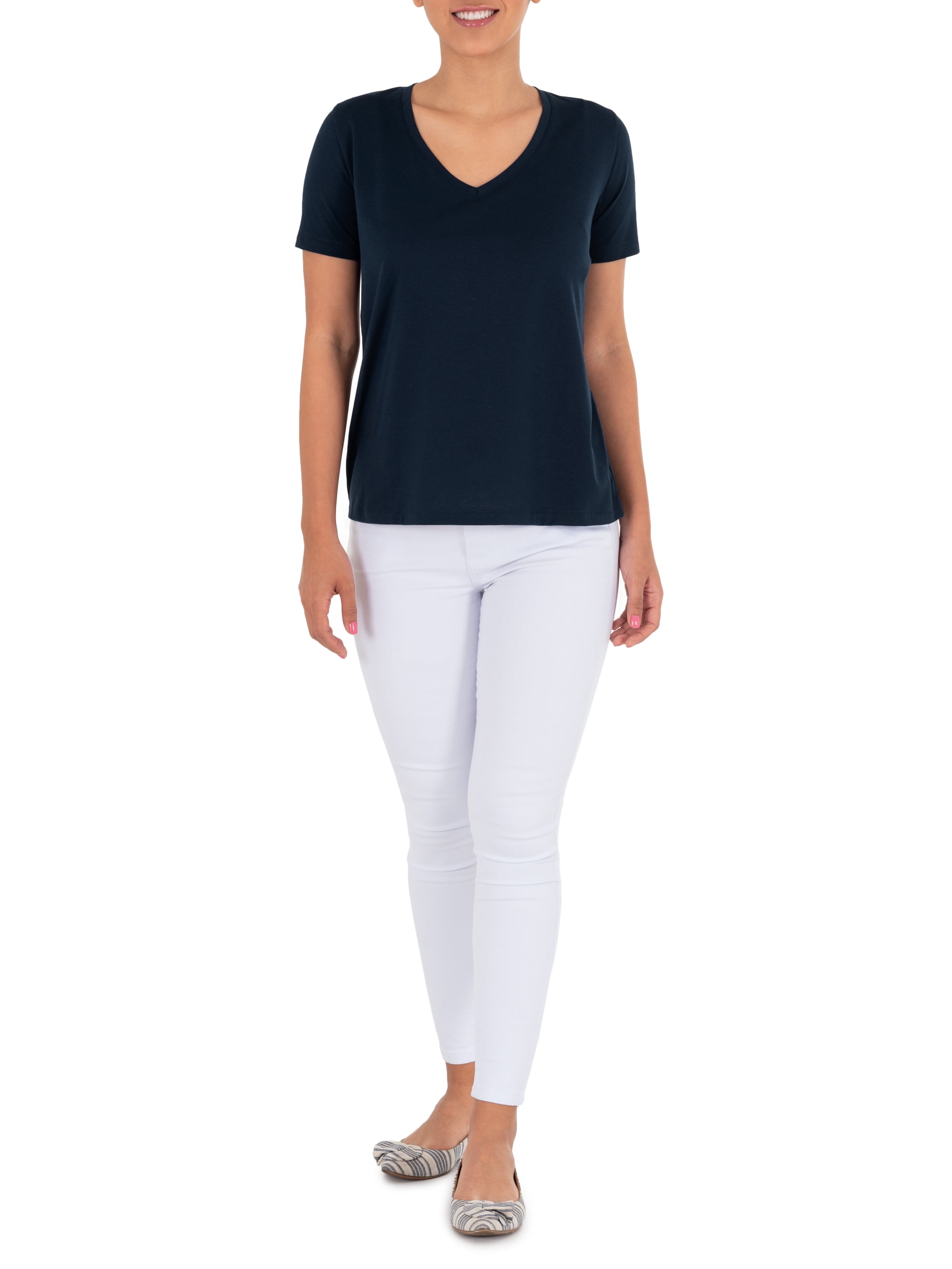 Time and Tru Women's Pima Cotton Blend V Neck Tee, 2-Pack, Sizes XS-XXXL