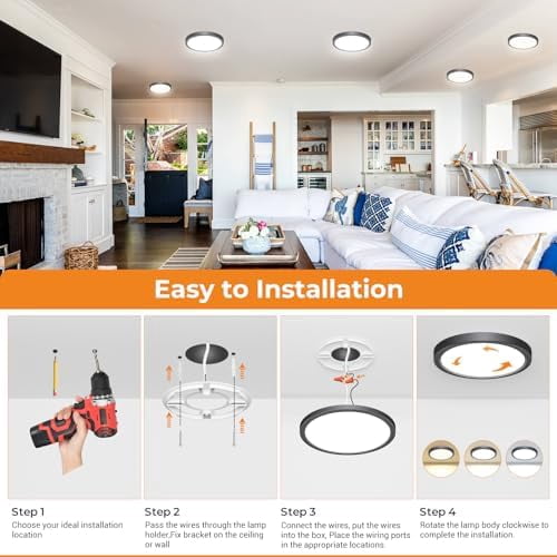 Ceiling Light, 3 Pc Led Flush Mount Ceiling Light Fixture, 9 Inch Light Fixture, 3-Color Round*, Kitchen Lighting Fixtures Ceiling, 9" Black 3Cct