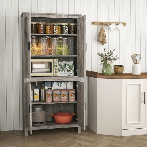 HOMCOM 64" 4-Door Kitchen Pantry, Freestanding Storage Cabinet with 3 Adjustable Shelves for Kitchen, Dining or Living Room, Gray Oak