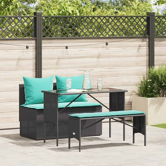vidaXL 3 Piece Patio Dining Set with Cushions Black Poly Rattan