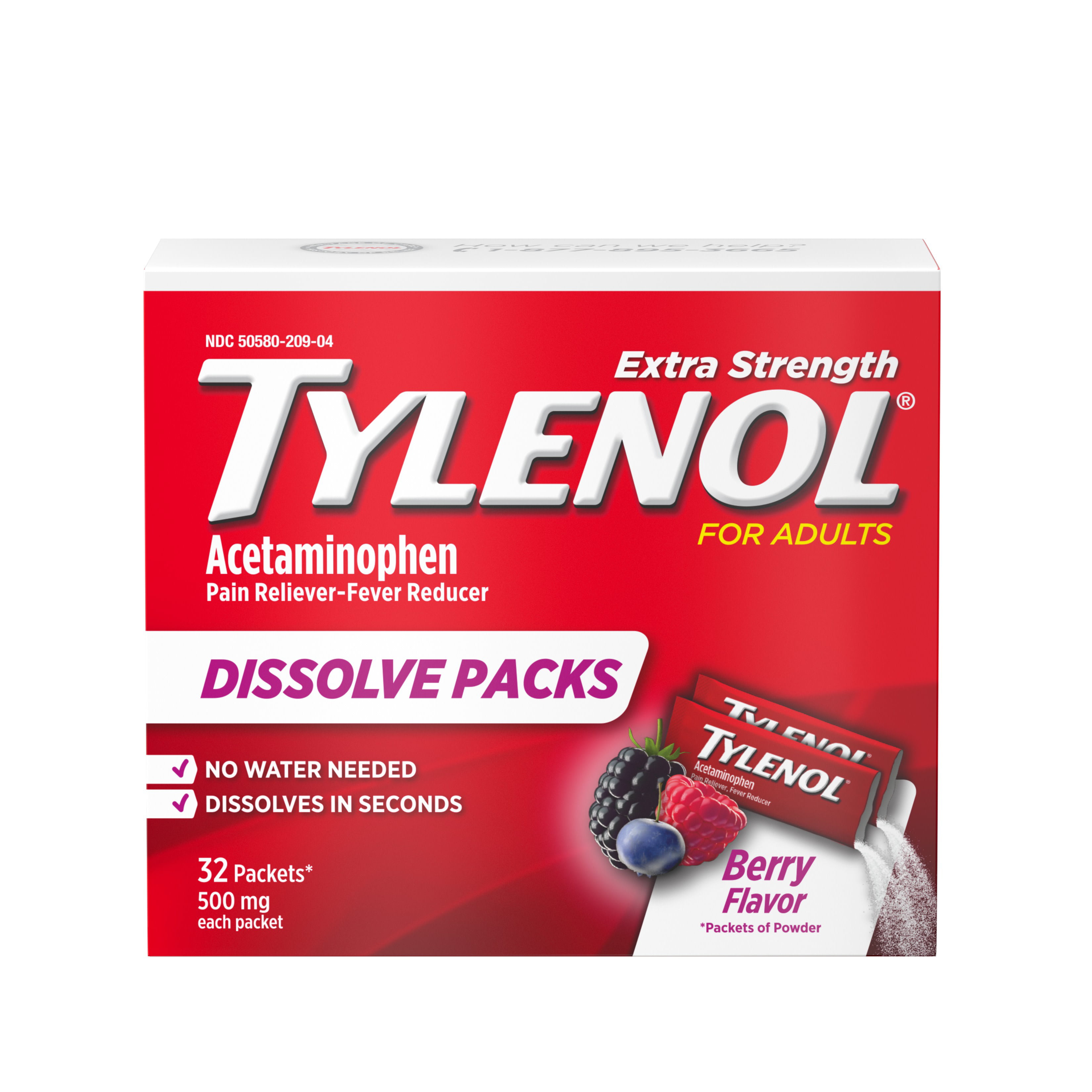 Tylenol Extra Strength Dissolve Packs with Acetaminophen, Berry, 32 ct