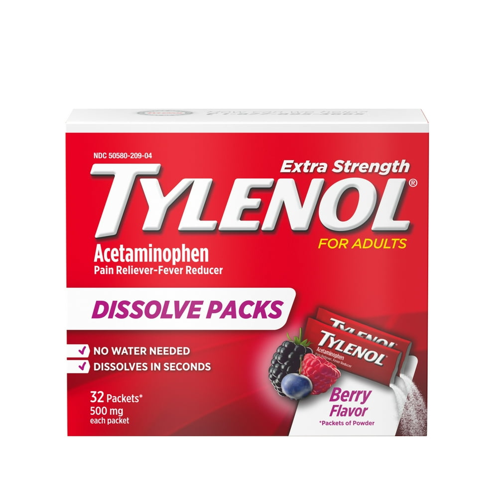 Tylenol Extra Strength Dissolve Packs with Acetaminophen, Berry, 32 ct