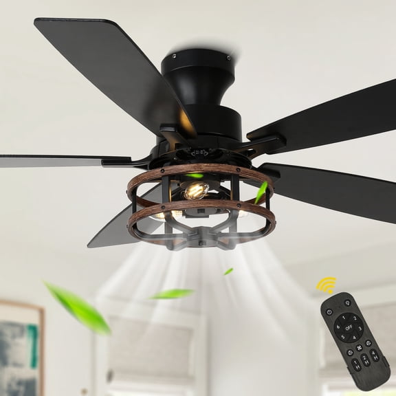 Chords Attic 52" 5-Blade Black Flush Mount Ceiling Fan with Light and Remote Control, 6-Speed Reversible Motor for Bedroom, Living Room
