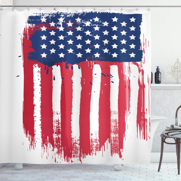 American Shower Curtain, Vertical Composition Hand-painted American Flag in Grunge Style, Fabric Bathroom Set with Hooks, 69W X 70L Inches, Dark Coral Navy Blue White, by Ambesonne