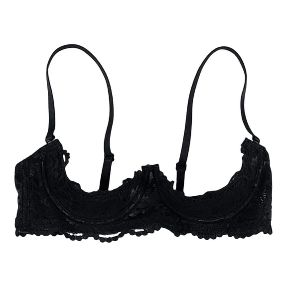 1/4 Cup Push Up Bras for Women Sexy Underwire Lace Bra Lightweight See Through Balconette Padded Adjustable Straps Lingerie Shelf Bra Breathable Tops Beach Travel, Black L