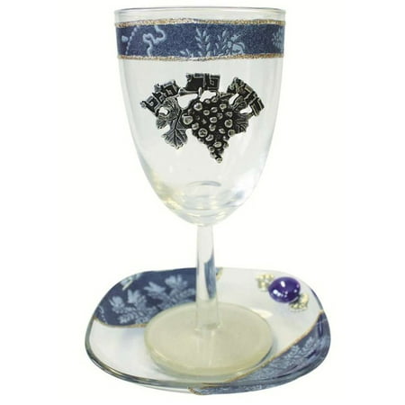 Jerusalem Kiddush Cup - Glass Kiddush Cup with Plate Applique - Blue - Cup 6.5
