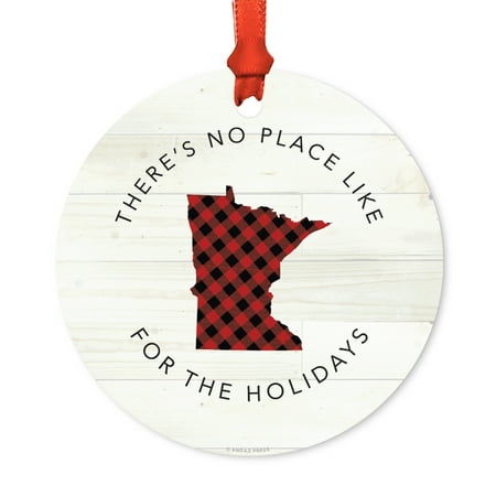 Rustic Plaid Christmas Decor US State Round Metal Christmas Ornament, Red Plaid on Light Rustic Wood, Minnesota, Includes Ribbon and Gift Bag ()