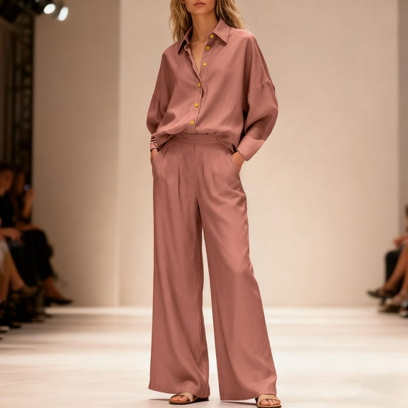 Guieoi Matching Outfits for Women Casual Solid-Color Cotton-Linen Shirt Wide-Leg Pants Two-Piece Set Orange S