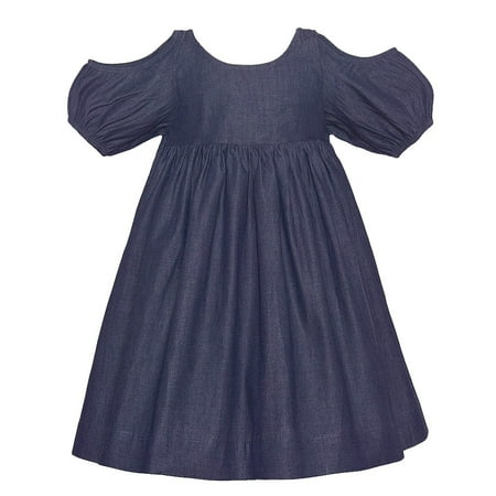 - Lele For Kids Little Girls Navy Cold Shoulder Puff Sleeve Gathered Dress