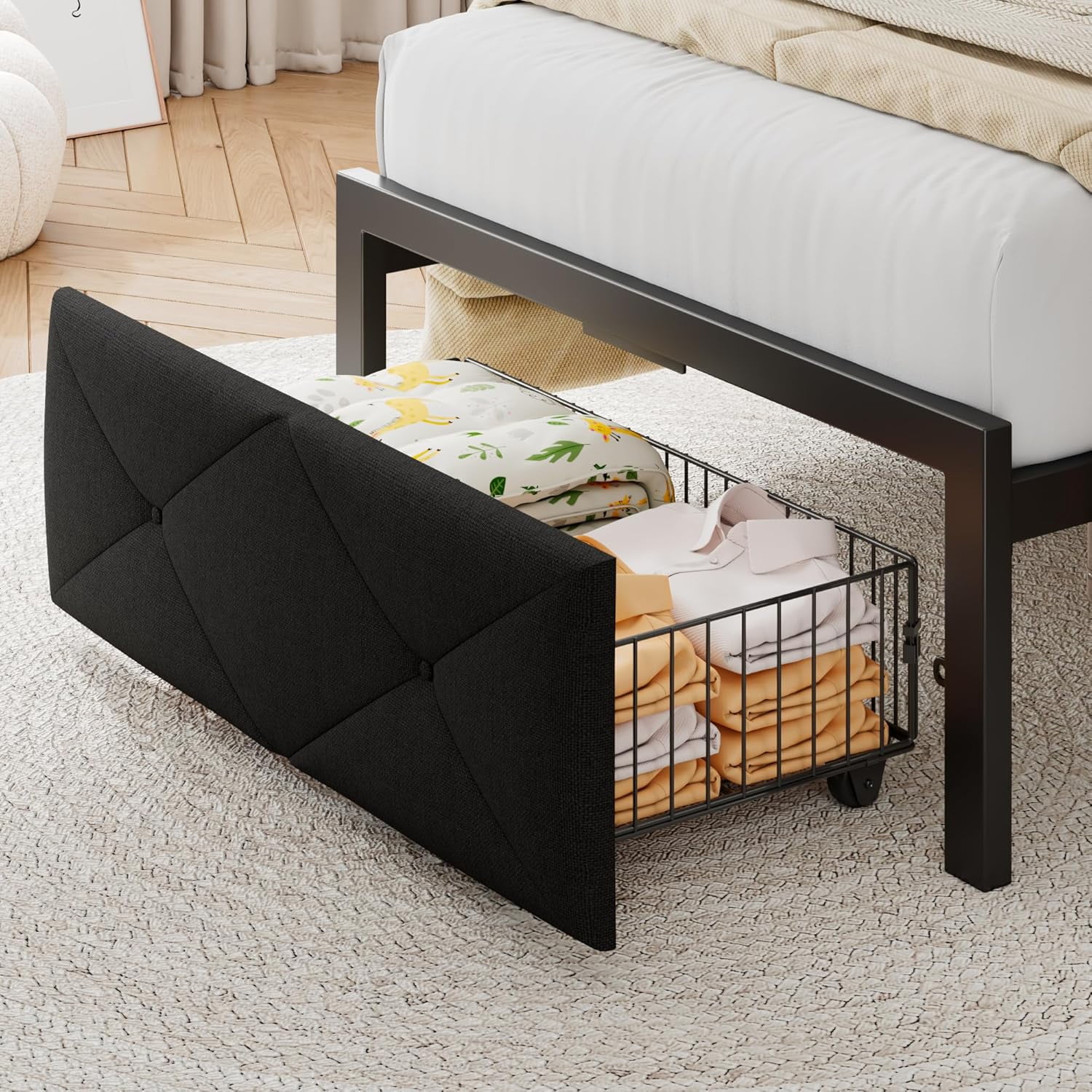 Honfach Twin Bed Frame with Storage Drawer, Metal Platform Bed with Charging Station, Upholstered Button Tufted Storage Headboard,  Black