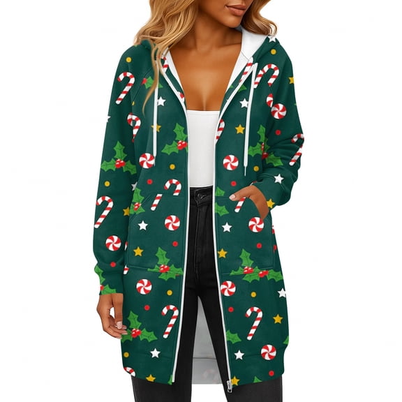 Women's Christmas Printed Long Sleeve Hooded Sweatshirt Jacket with Drawstring and Zipper Pockets, Fashionable Casual Wear for Fall and Winter,Dark Green,S