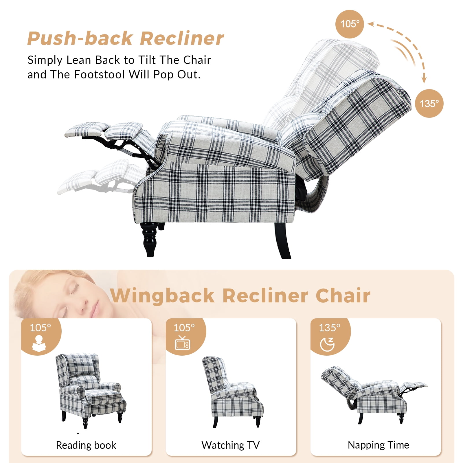 Tina's Home GREENGUARD Certified VintagePlaid Black Wingback Manual Push Back Recliner Chair Set of 2 for Living Room