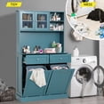 thumbnail image 5 of KIGOTY Kitchen Trash Cabinet, Double Tilt Out Trash Can Cabinet with Countertop and Drawer, Free-Standing Pet Proof Recycling Cabinet Garbage Can Holder (67"H,Blue), 5 of 8