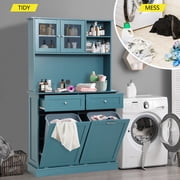 KIGOTY Kitchen Trash Cabinet, Double Tilt Out Trash Can Cabinet with Countertop and Drawer, Free-Standing Pet Proof Recycling Cabinet Garbage Can Holder (67H,Blue)