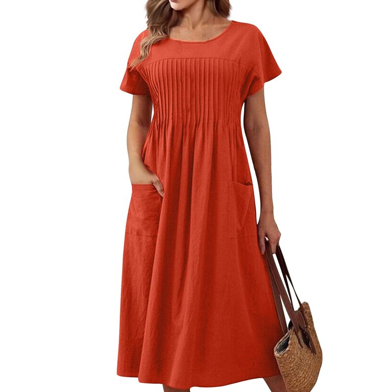 Mohiass Women's Cotton Linen Dresses Summer Casual Pleated A Linen Flowy  Beach Vacation Midi Gauze Dress with Pockets Red S - Walmart.com