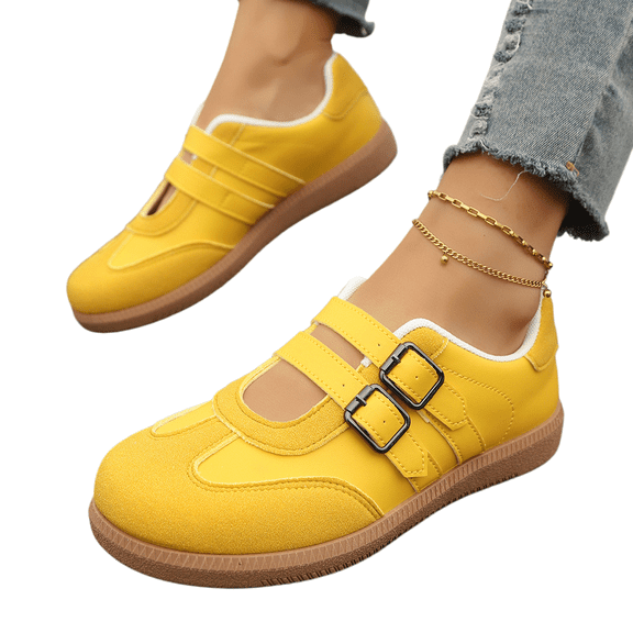 EKVAHL Women's Double Strap Retro Flats Cute Buckle Decor Loafers Comfort Slip On Sneakers Lightweight Casual Work Shoes Yellow