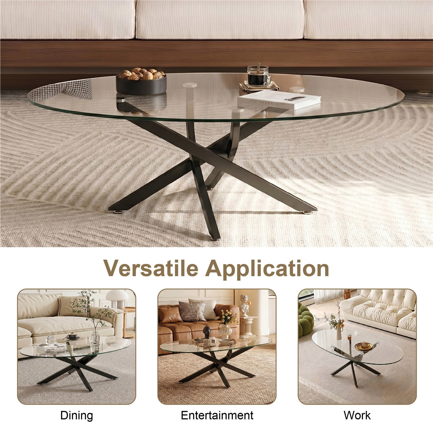 Hommoo Modern Oval Glass Coffee Table with Metal Legs, 39.4" Tempered Glass Living Room Side Table, Minimalist Tea Table for Small Spaces, Black