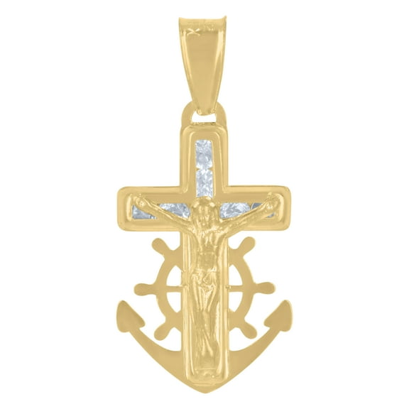 14k Yellow Gold Mens Cubic-Zirconia Anchor Crucifix Religious Charm Pendant
