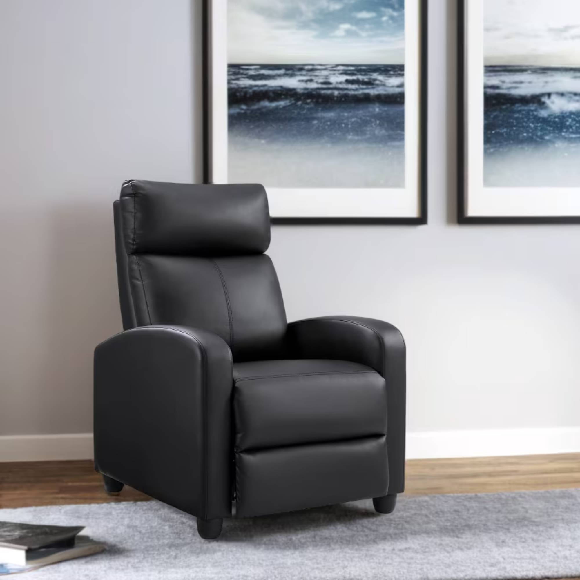 Manual Recliner Leather Reclining Sofa Chair with Footrest, Overstuffed Push Back Reline Chair, Lumbar Support Home Theater for Living Room, Black