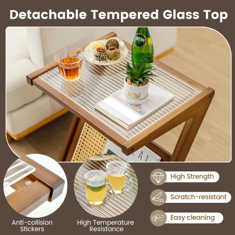 Finihen End Table, Boho End Table with Magazine Rack and Tempered Glass Top, Sofa Side Table, Bed Side Table, for Living Room, Bedroom, Walnut Finihen End Table, Boho End Table with Magazine Rack and Tempered Glass Top, Sofa Side Table, Bed Side Table, for Living Room, Bedroom, Walnut