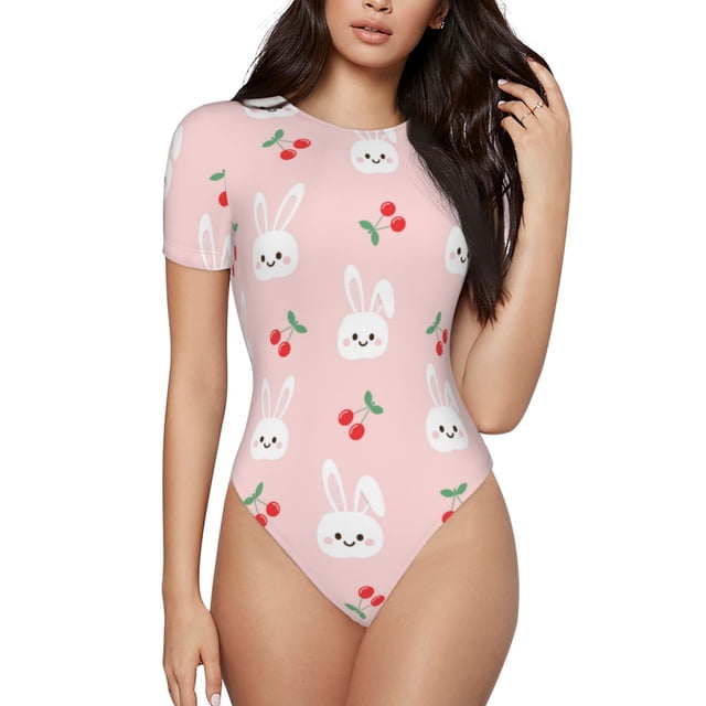 Saiise Rabbit And Cherry Pattern Women's Short-Sleeved Onesie Round Neck Pajamas Stretchy Bodysuit with Snap Closure-XX-Large