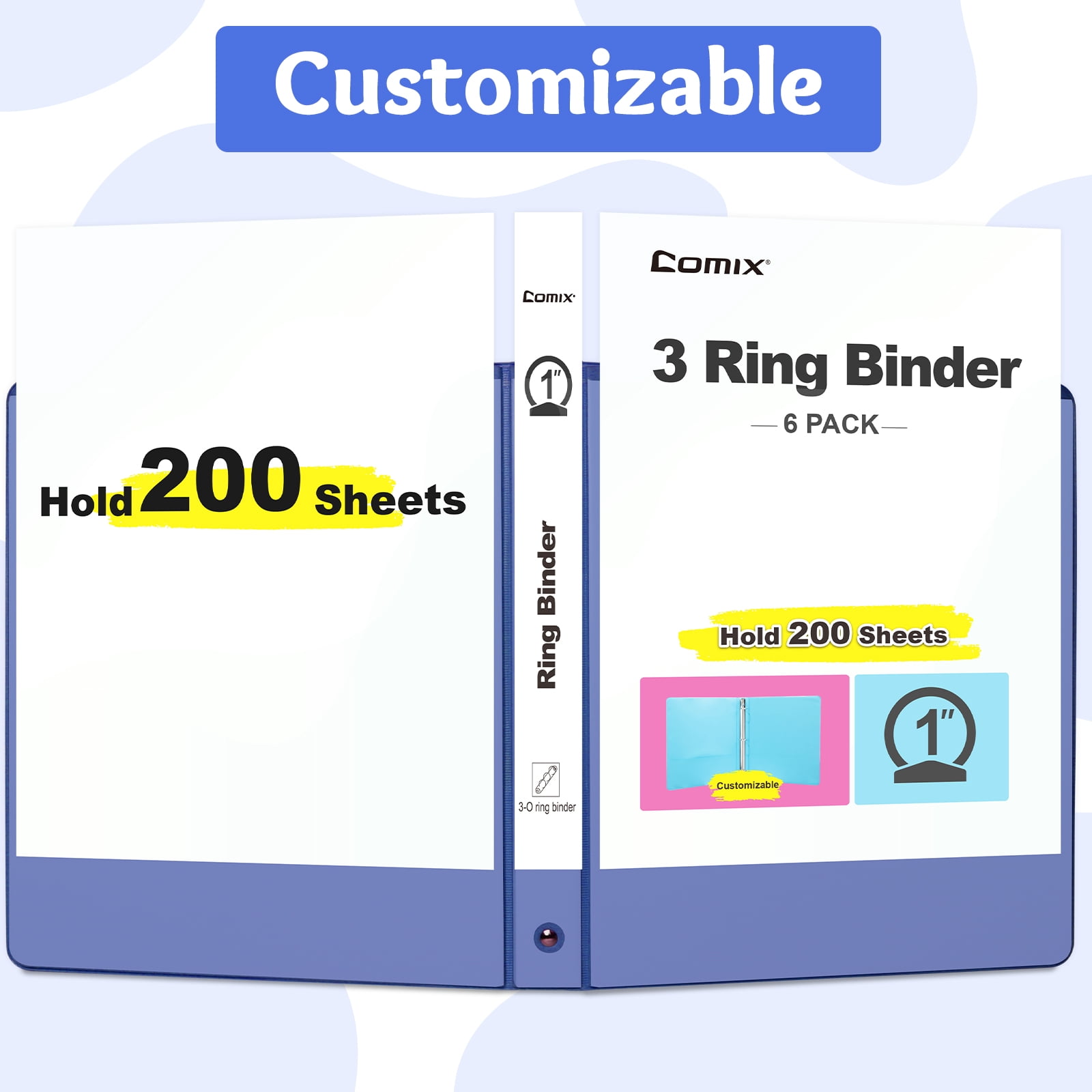 Comix 1 inch 3-ring Binder,Round Ring, 200 Sheets Capacity, 6 Pack Blue