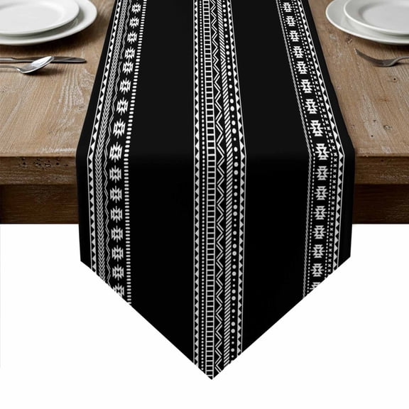 Black Boho Table Runner Linen Burlap Table Runner 108 Inches Long Vintage Abstract Striped Geometric Motifs Dresser Scarves for Kitchen Island Coffee Dining Room Party Wedding Holiday Decor 13"x108"