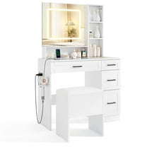 Costway 35.5" Makeup Table Set Vanity Desk with Mirror and Lights 2 Open Shelves Glass Top