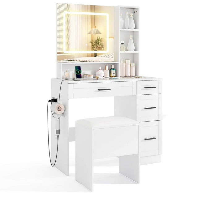 Costway 35.5" Makeup Table Set Vanity Desk with Mirror and Lights 2 Open Shelves Glass Top