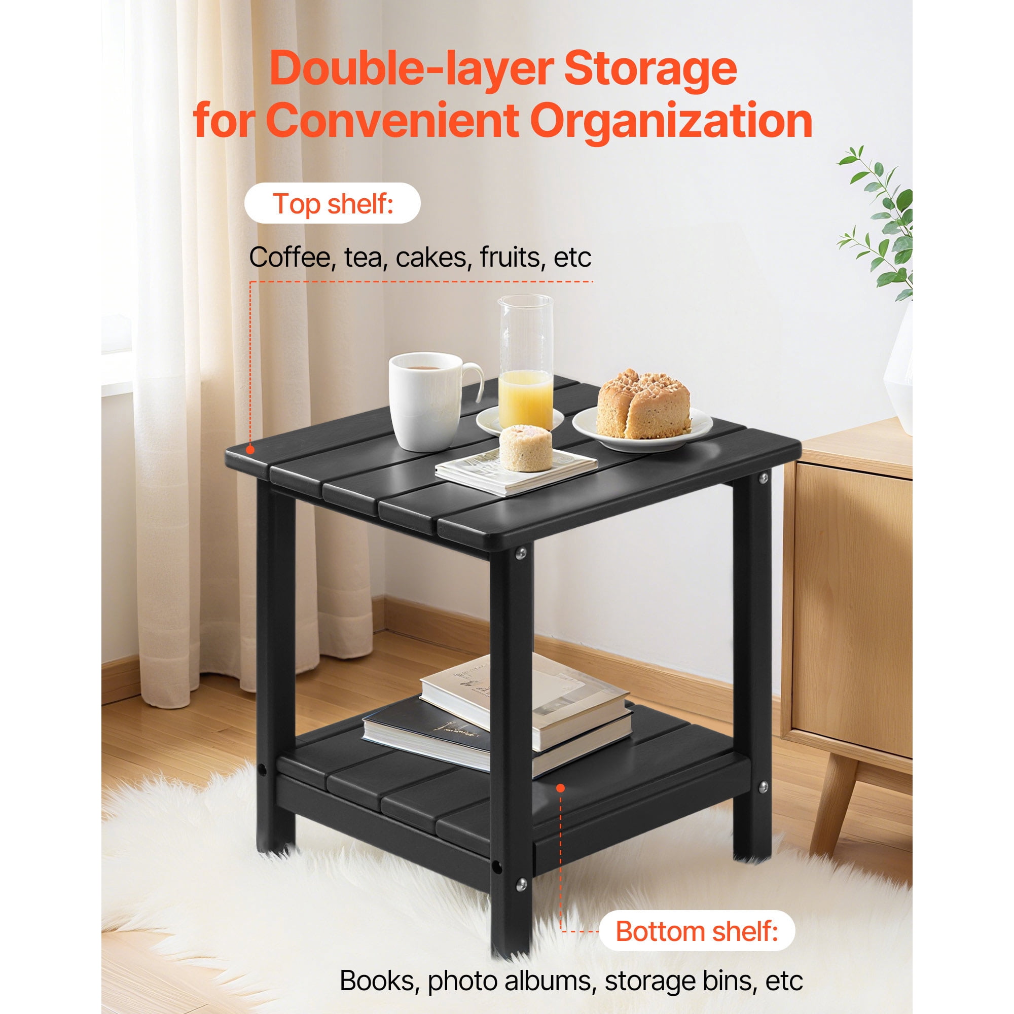 KFFKFF Outdoor Side Table, 17.72W x 14.96D x 17.32H Inch, Double-Layer HDPE End Table for Easy Care, Durable in Various Weather Conditions, Suitable for Patio,Poolside, Porch, Indoor, Backyard, Black