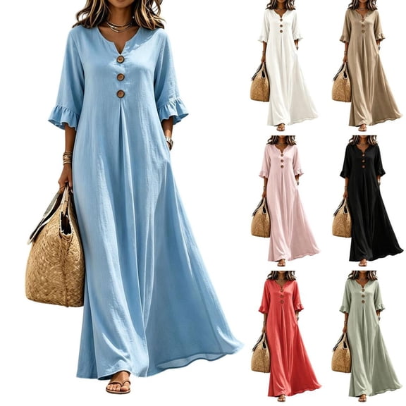 Bxsruta Womens Maxi Dress Casual V Neck Ruffle Sleeve Long Dresses Summer Flowy Vacation Wear