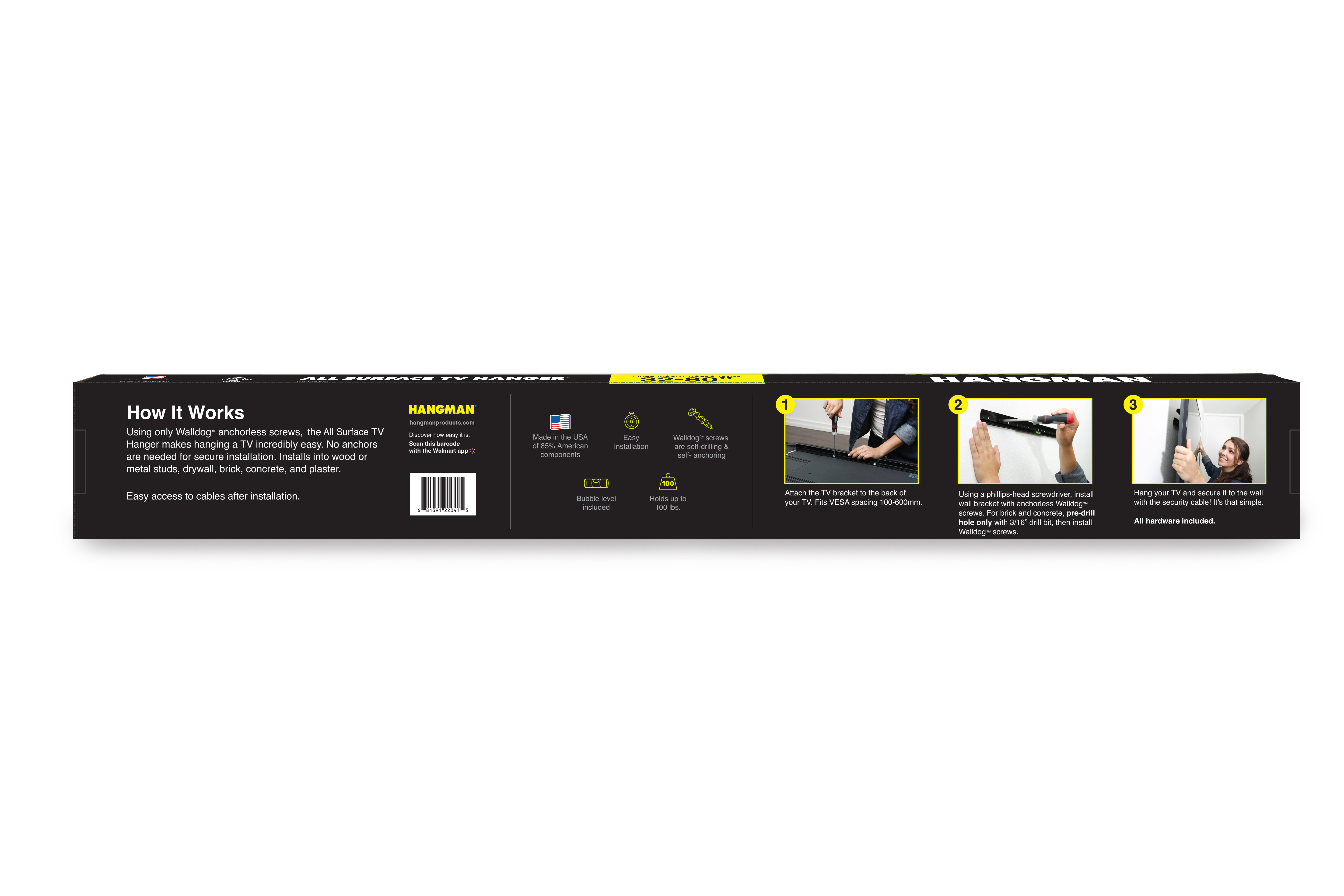 Hangman All Surface TV Hanger - Fits Screens 32"-80" - Works in All Surfaces, No Studs, No Anchors Required