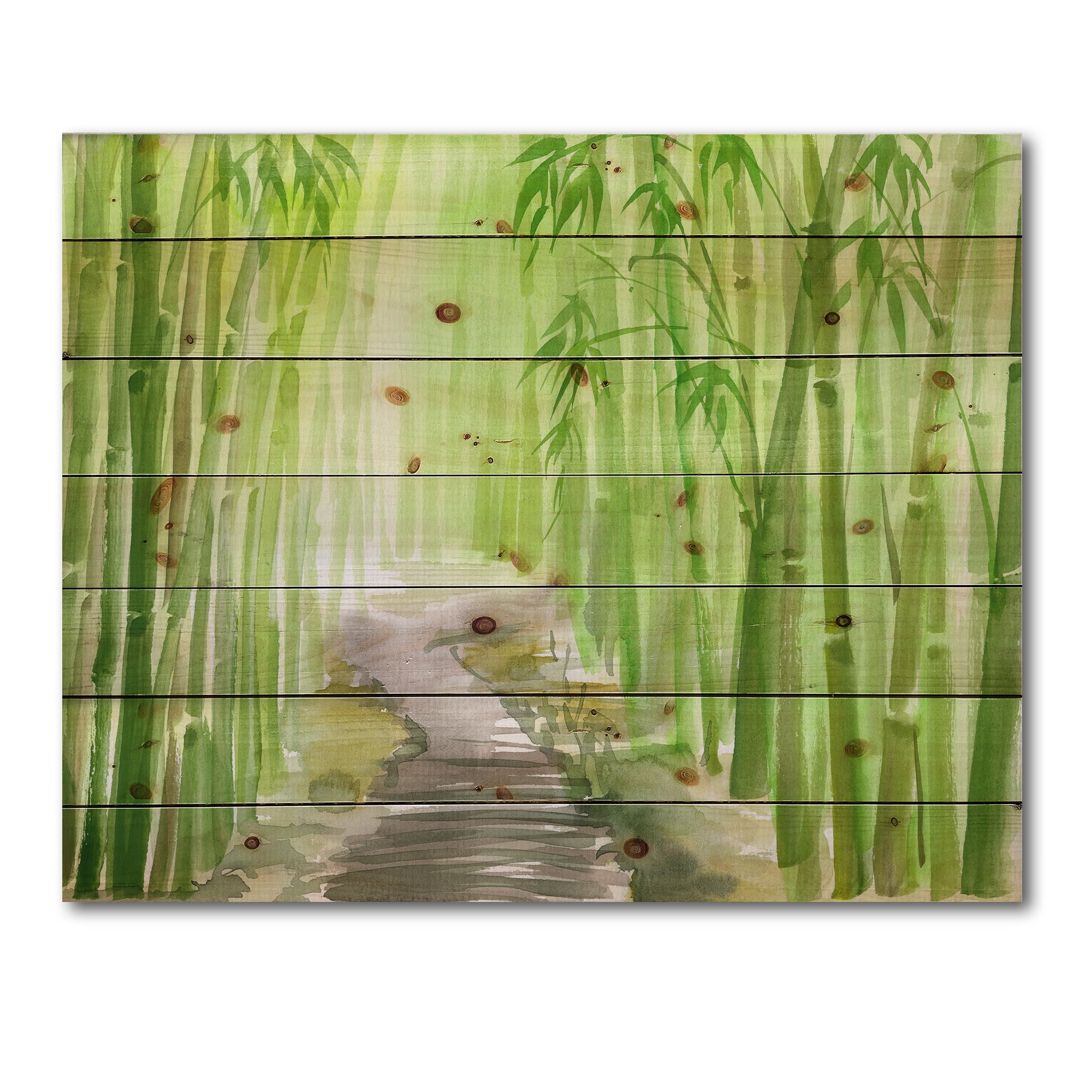 Designart 'Path in Green Bamboo Forest' Traditional Print on Natural Pine Wood