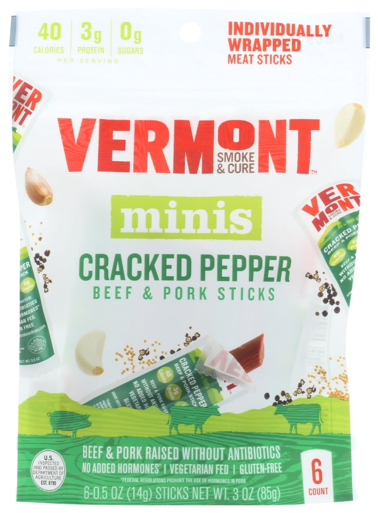 Vermont Smoke & Cure Minis Cracked Pepper Beef & Pork Sticks, 0.5 oz, 6 Count