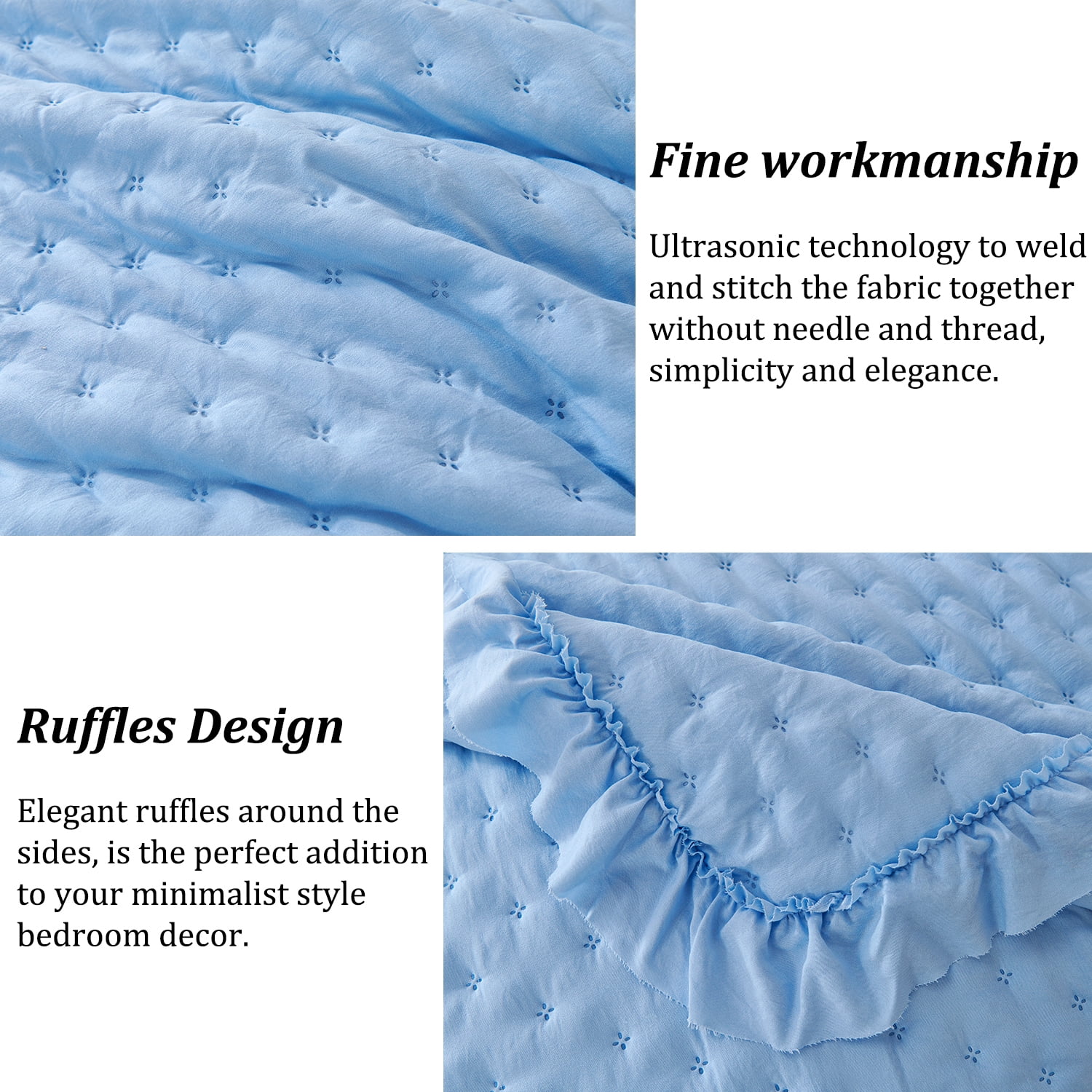 Evenhug 3-Piece Oversized King Quilt Set Soft Ruffled Bedding Set Lightweight Microfiber Ultrasonic Bedspread With Shams Suitable All Season(Blue,116"x102")