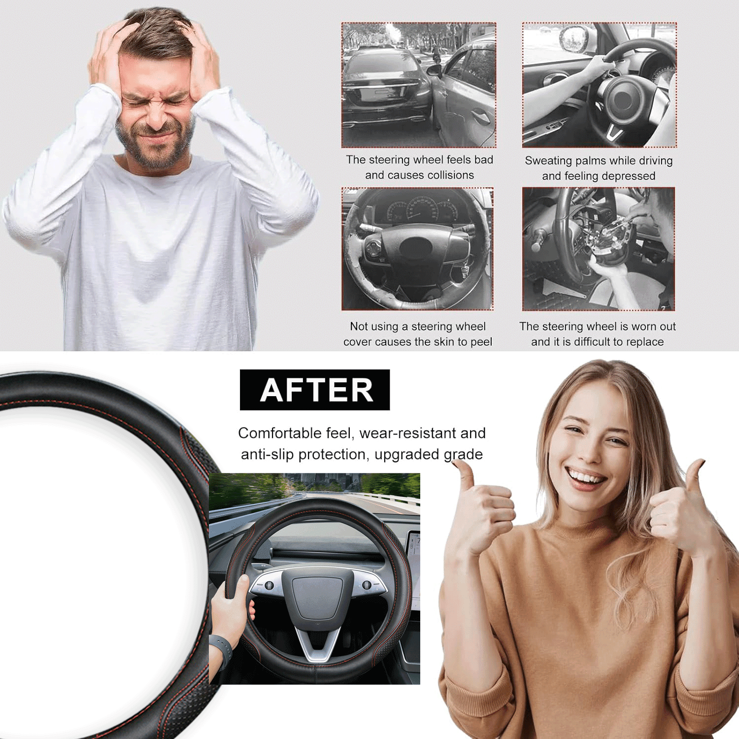 Genuine Leather Steering Wheel Cover, 14.5 - 15 Inches Universal Fit for Truck Sedans SUVs Black with Red stitching