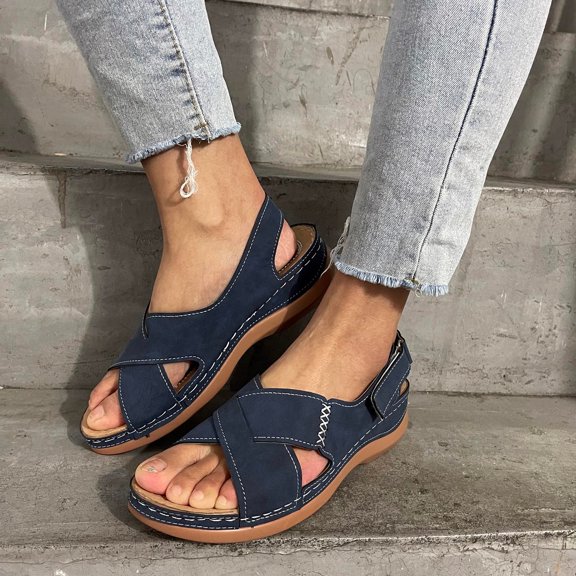 Xunlbb Sandals for Women Women's Summer Plus-size Wide Strip Back Empty Paste Wedge Sandals Beach Sandals for Woman on Clearance