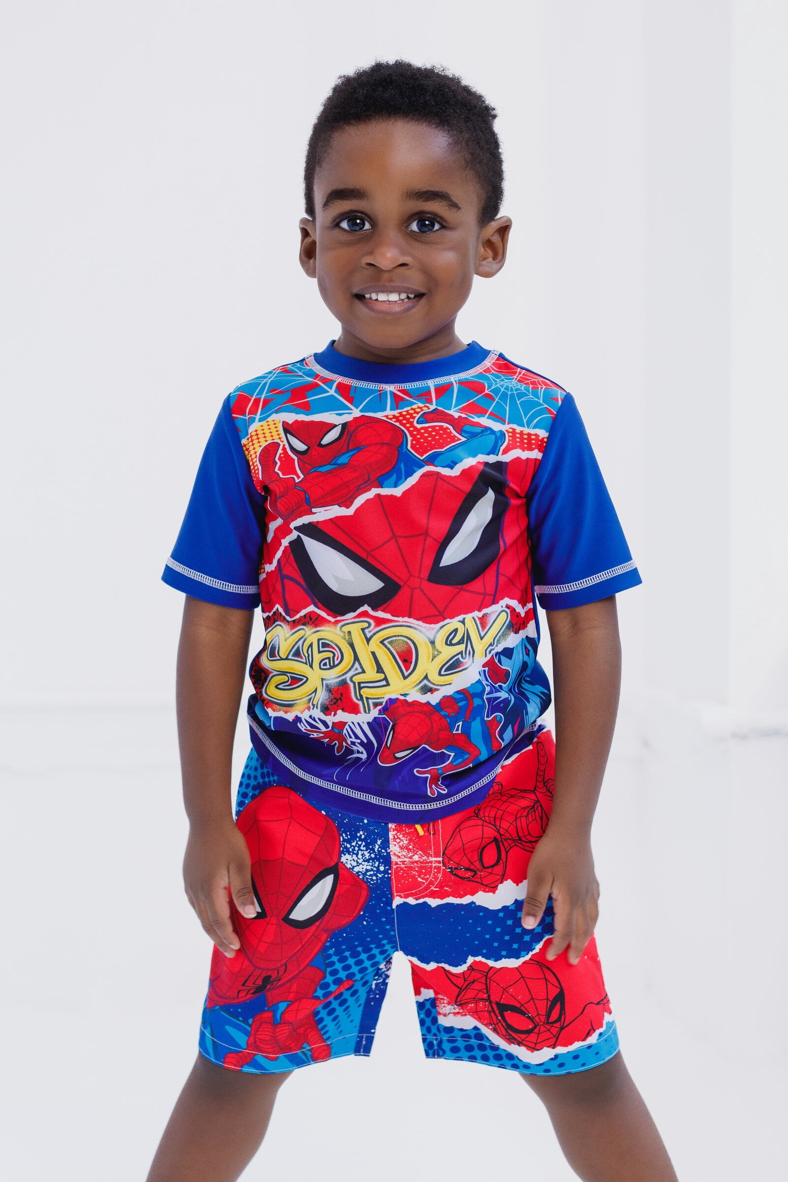 Marvel Spider-Man Little Boys' Swimwear 2-Piece Rashguard and Swim Trunks Set Spider Man Graffiti