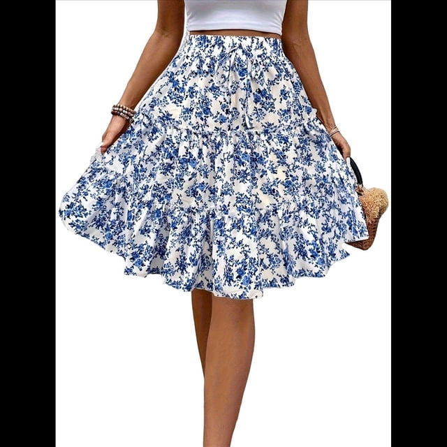 Falda de Mujer con Estampado Floral, Dobladillo con Volantes, Cintura Alta Elástica y Lazo Frontal. Azul Pavo Real M