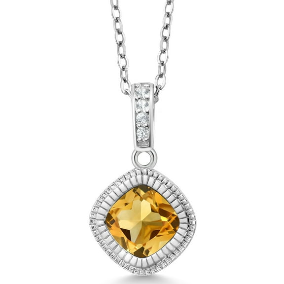 Gem Stone King 1.45 Ct Cushion Yellow Citrine 925 Sterling Silver Pendant with Chain